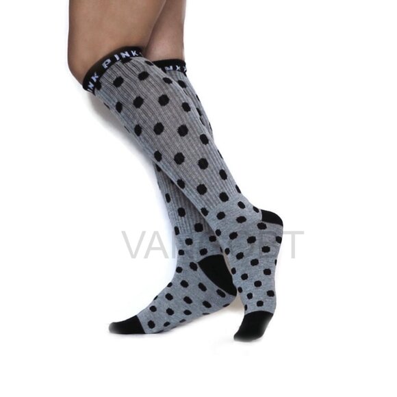 Victoria's Secret PINK Knee High Socks Grey Black Dots NWOT RARE - Picture 3 of 7